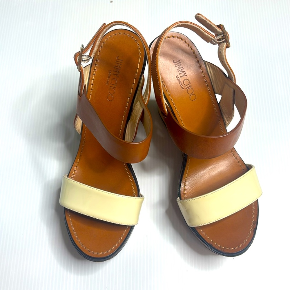 Jimmy Choo Brown and Cream Wedge Sandals - Picture 3 of 11